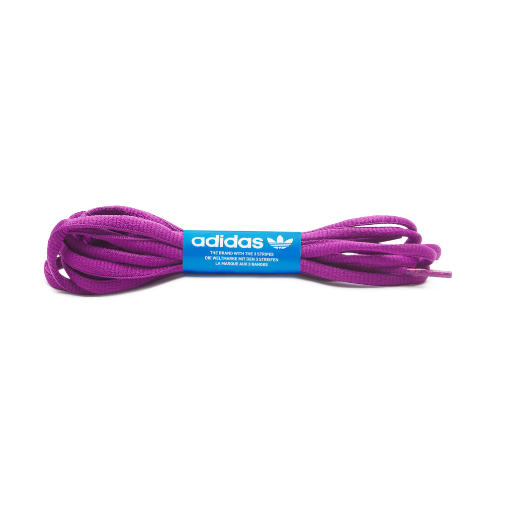Purple adidas shoelaces with a blue logo band.