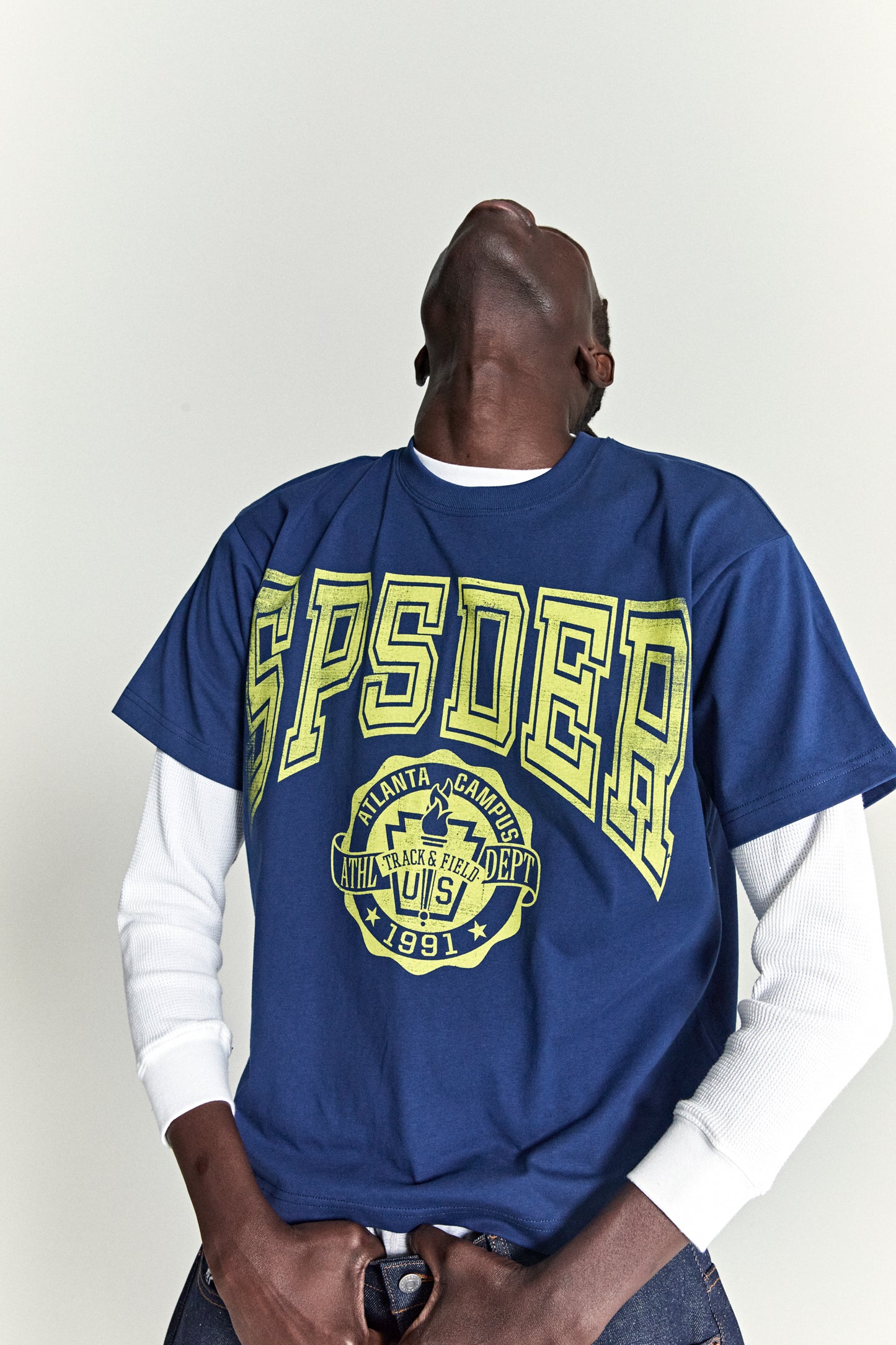DARK NAVY CAMPUS TEE ON MODEL