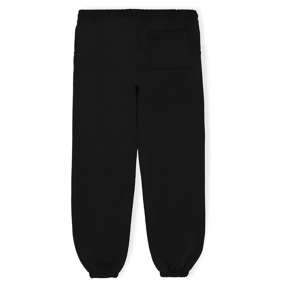 Black fleece sweatpants with a back pocket and elastic cuffs.