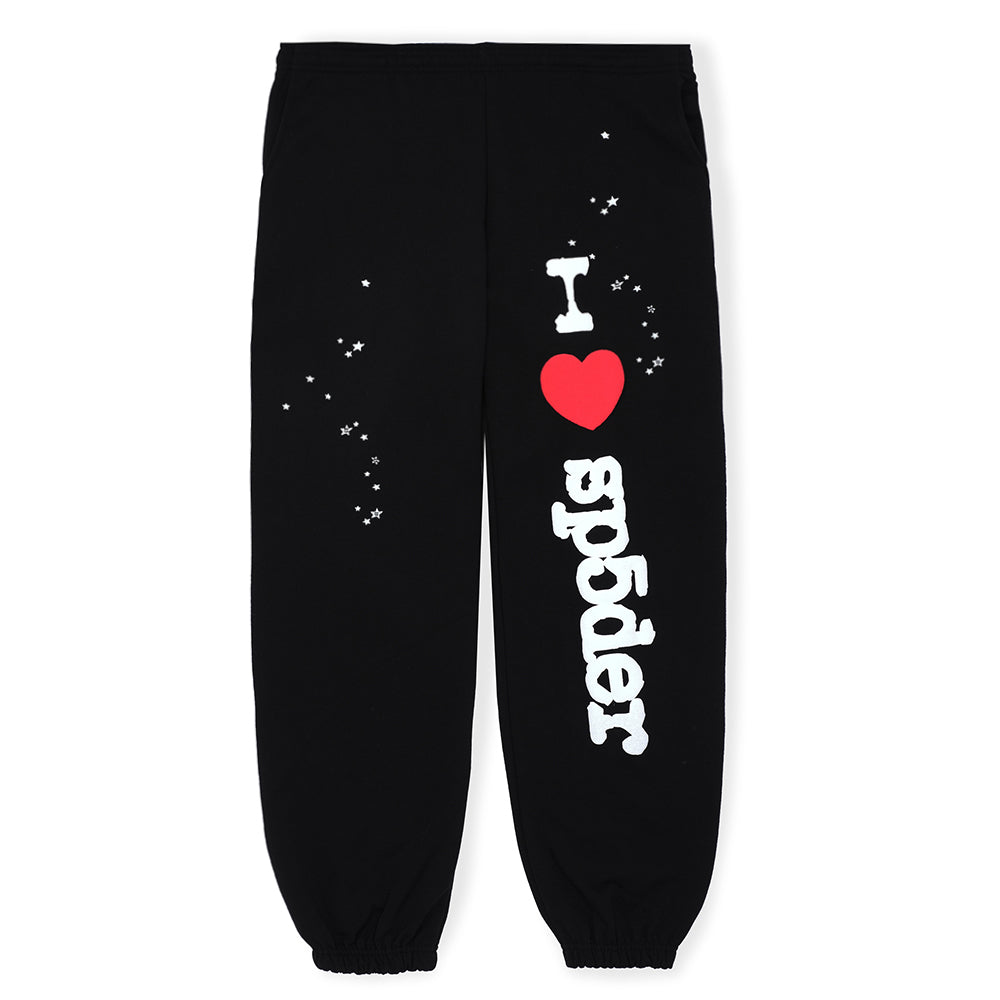 Black fleece sweatpants with "I ❤️ sp5der" puff print and white star discharge print.