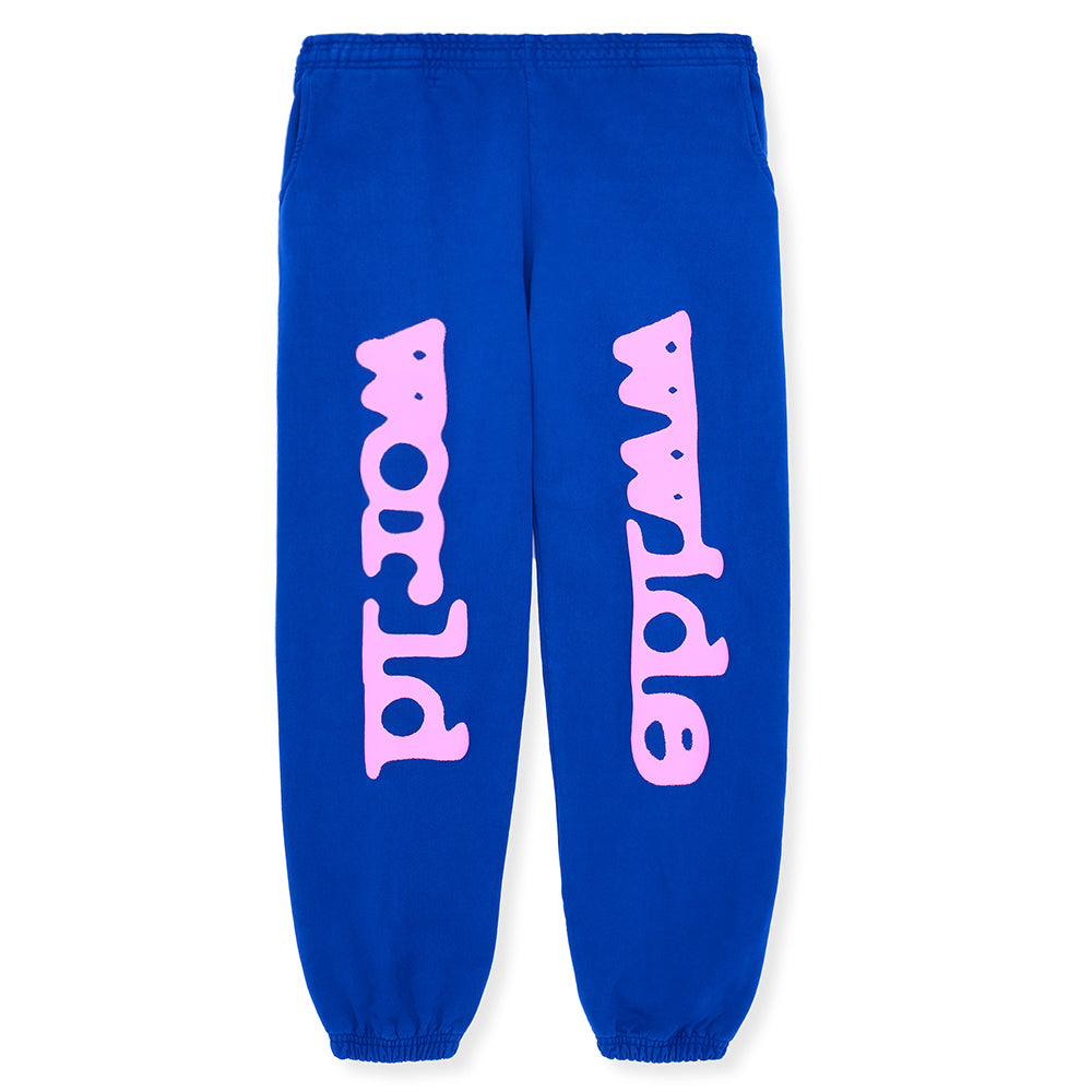 Blue Beluga sweatpants with "Worldwide" puff print in pink on the front.