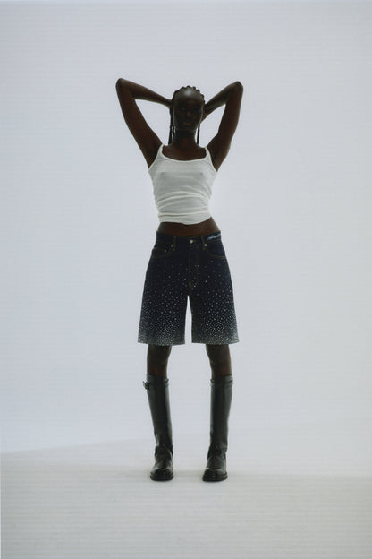 INDIGO STAR DUST DENIM SHORT ON MODEL
