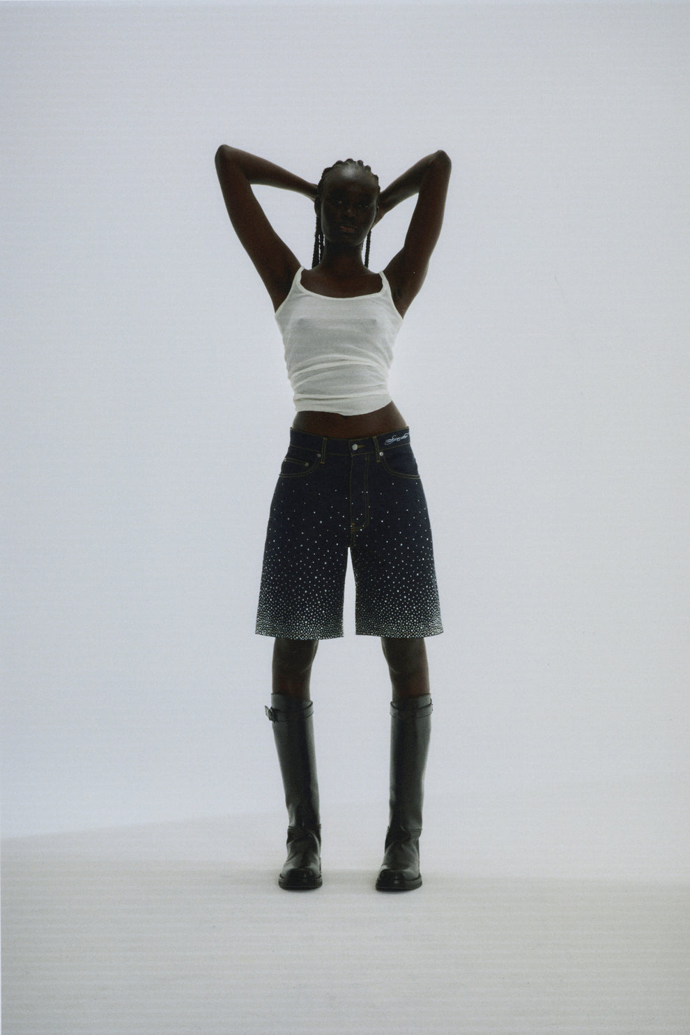 INDIGO STAR DUST DENIM SHORT ON MODEL