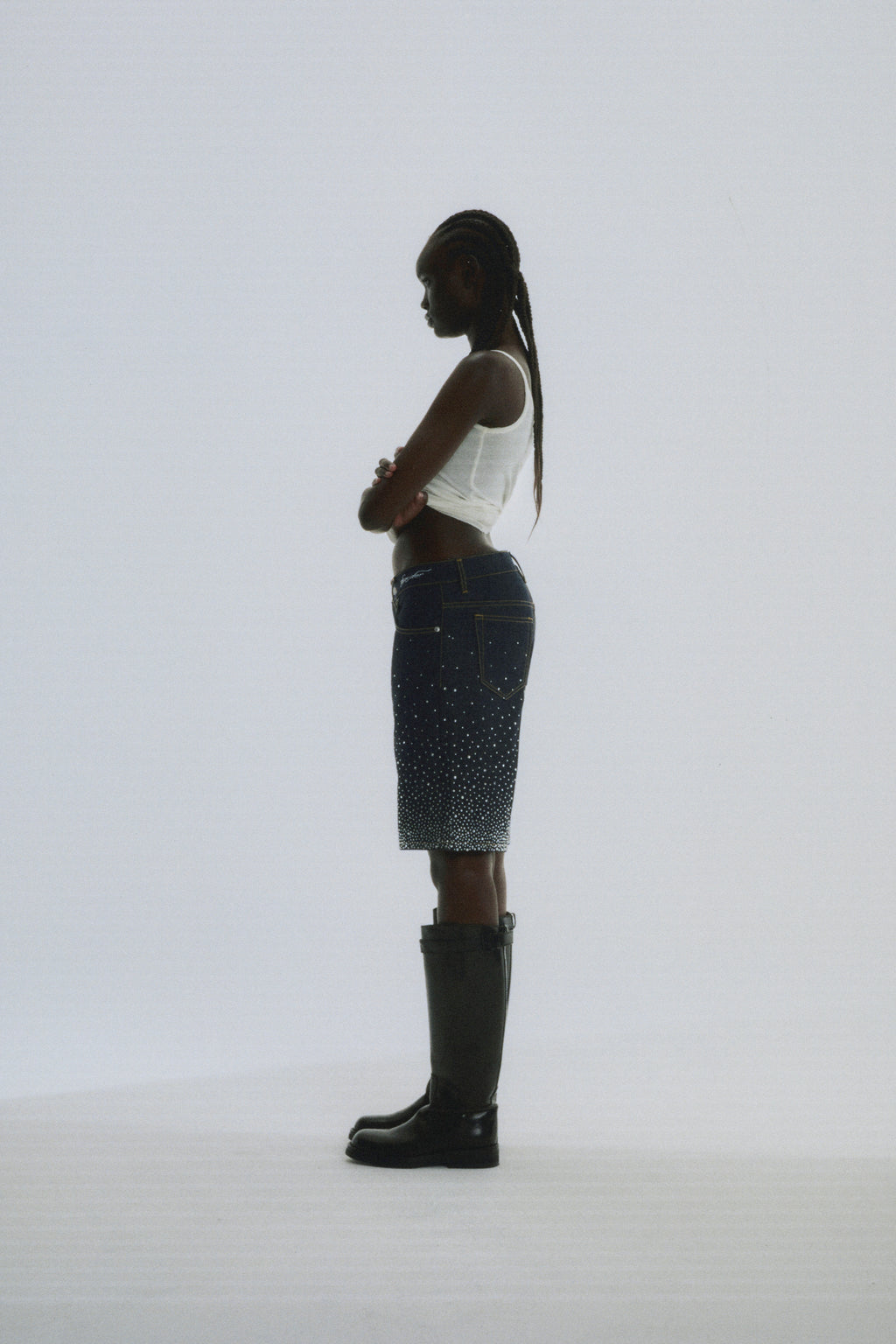 INDIGO STAR DUST DENIM SHORT ON MODEL