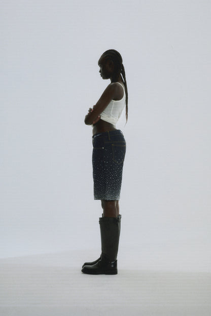 INDIGO STAR DUST DENIM SHORT ON MODEL