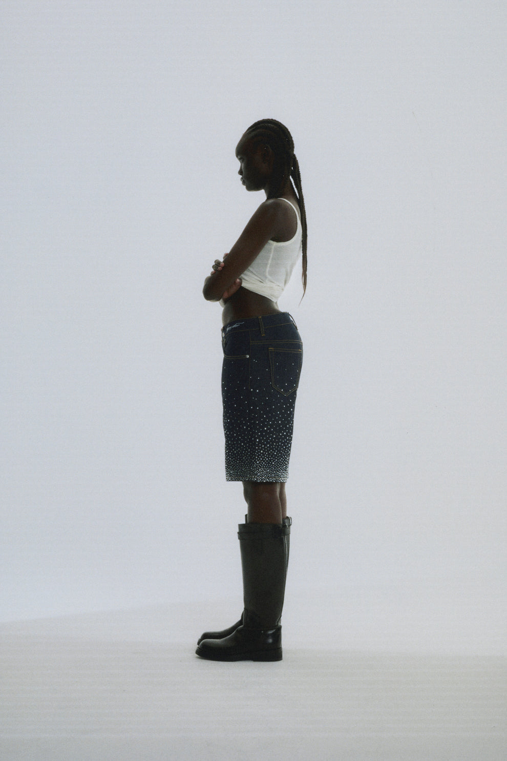 INDIGO STAR DUST DENIM SHORT ON MODEL