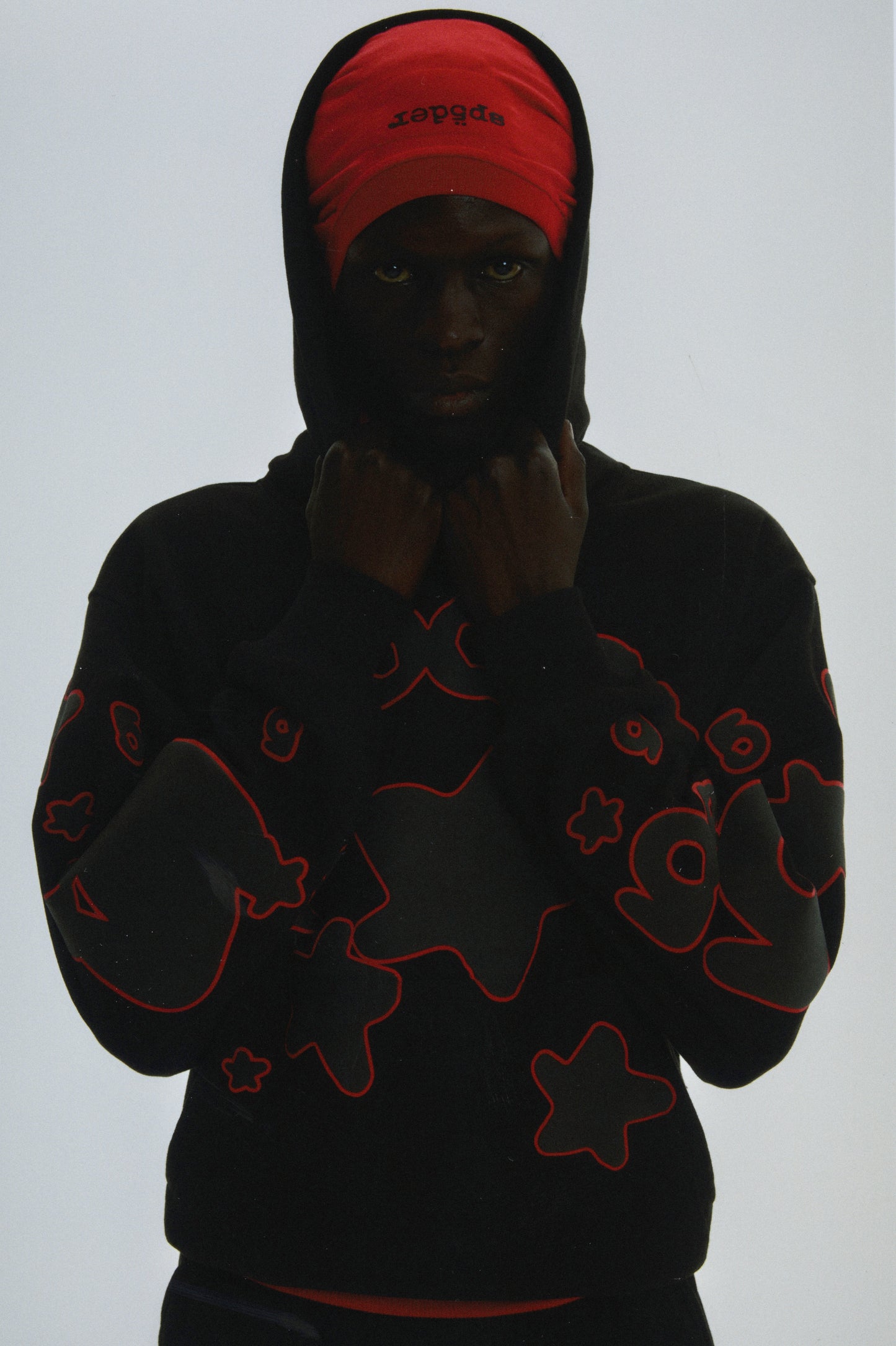 BLACK BELUGA OUTLINE HOODIE ON MODEL