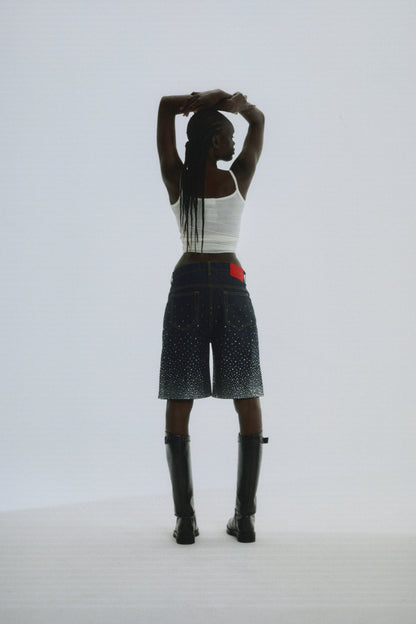 INDIGO STAR DUST DENIM SHORT ON MODEL
