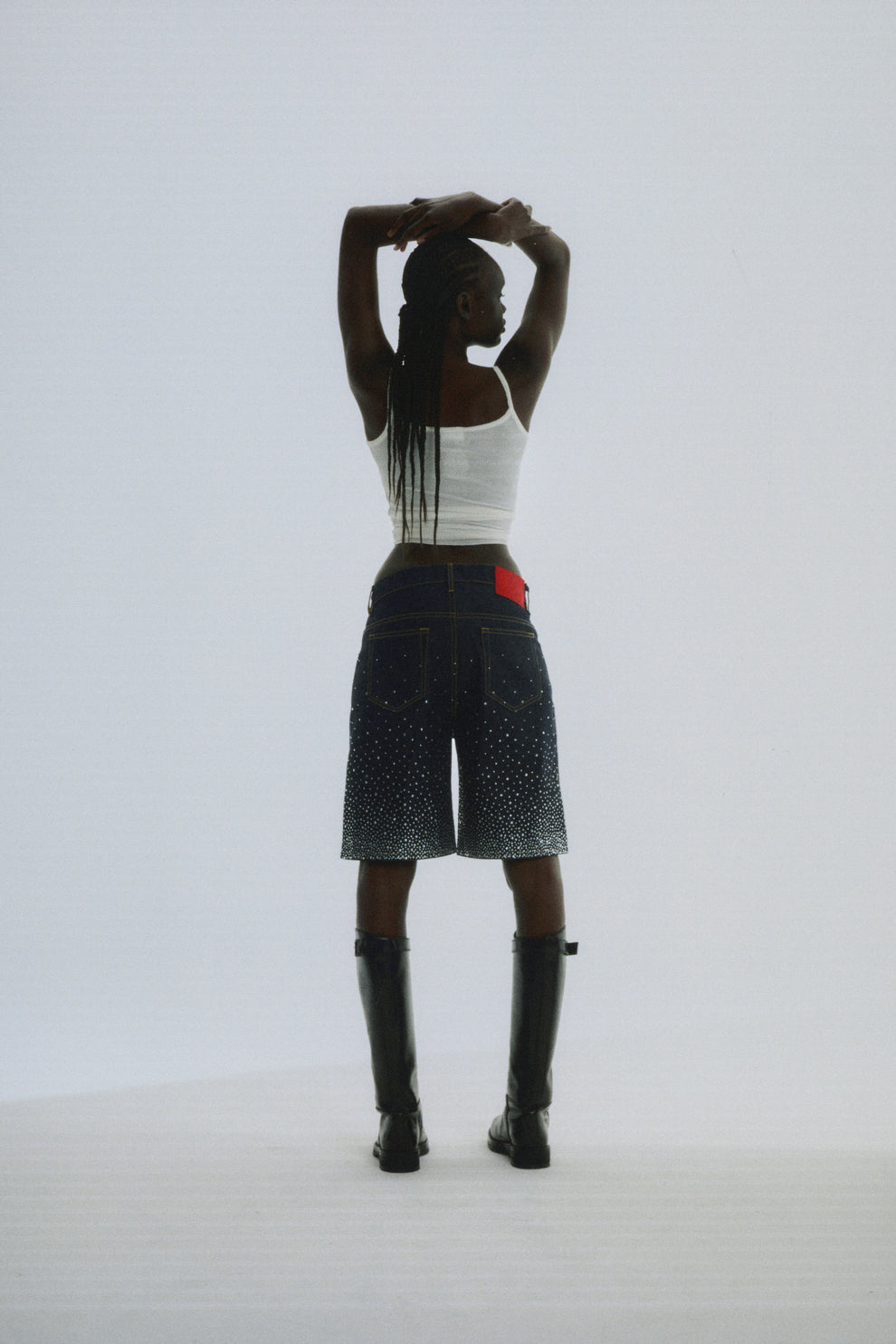 INDIGO STAR DUST DENIM SHORT ON MODEL