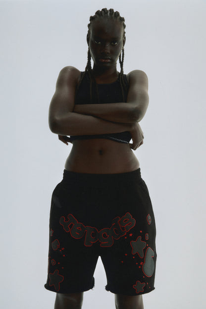 BLACK BELUGA OUTLINE SWEATSHORT ON MODEL