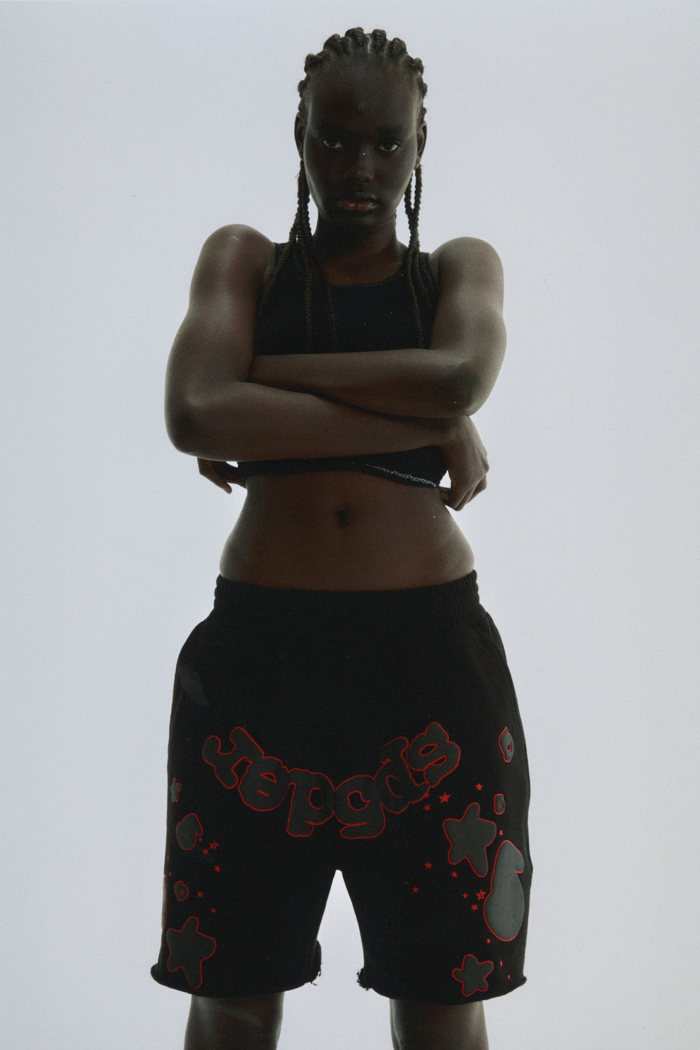 BLACK BELUGA OUTLINE SWEATSHORT ON MODEL