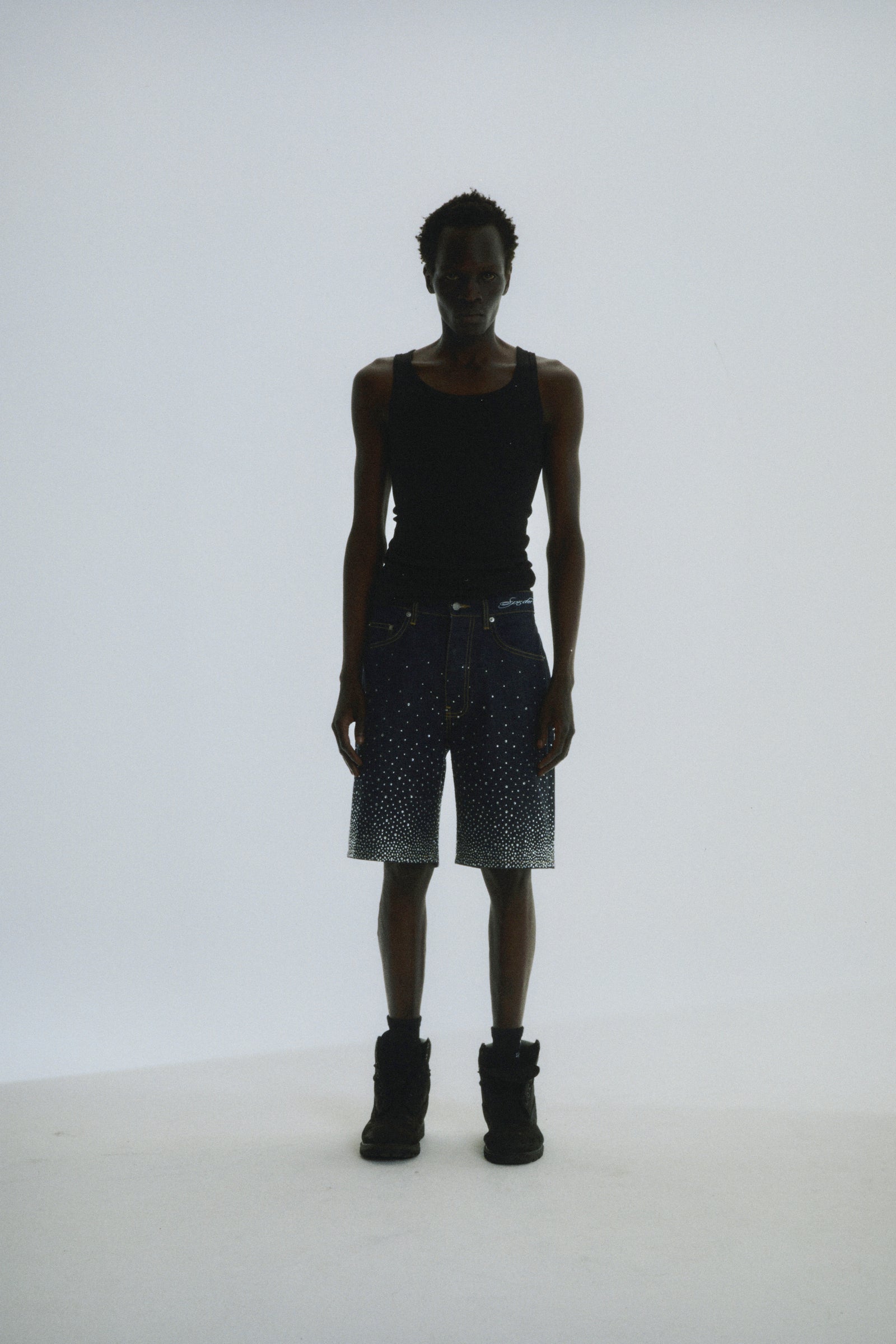 INDIGO STAR DUST DENIM SHORT ON MODEL