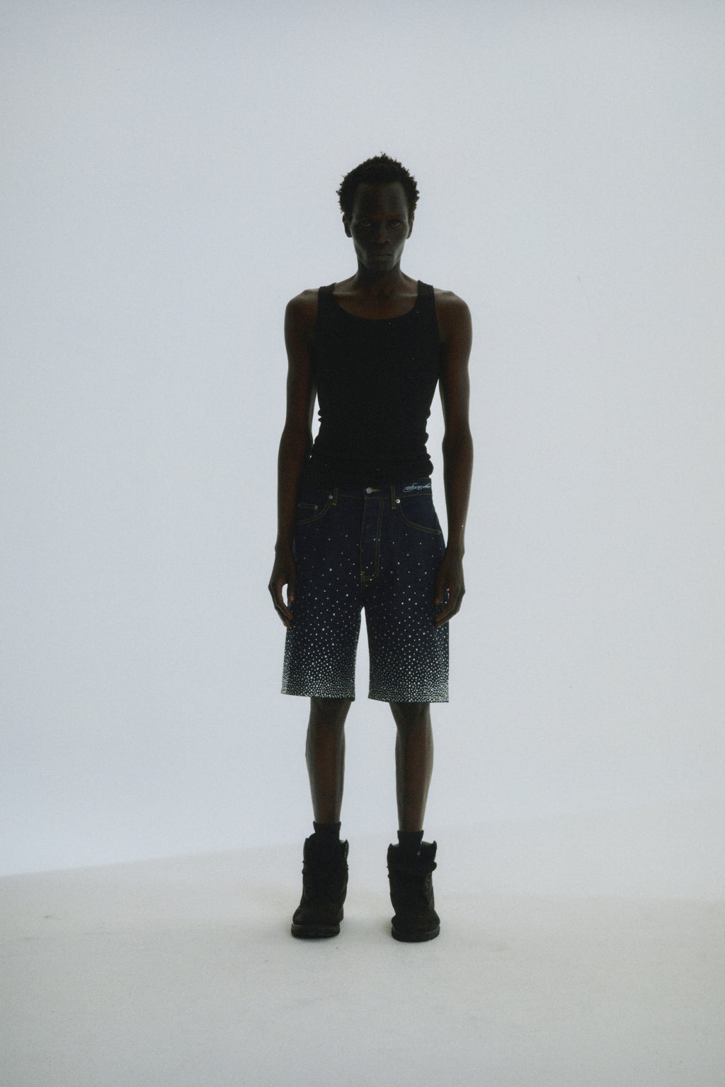 INDIGO STAR DUST DENIM SHORT ON MODEL