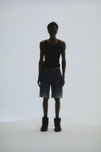 INDIGO STAR DUST DENIM SHORT ON MODEL