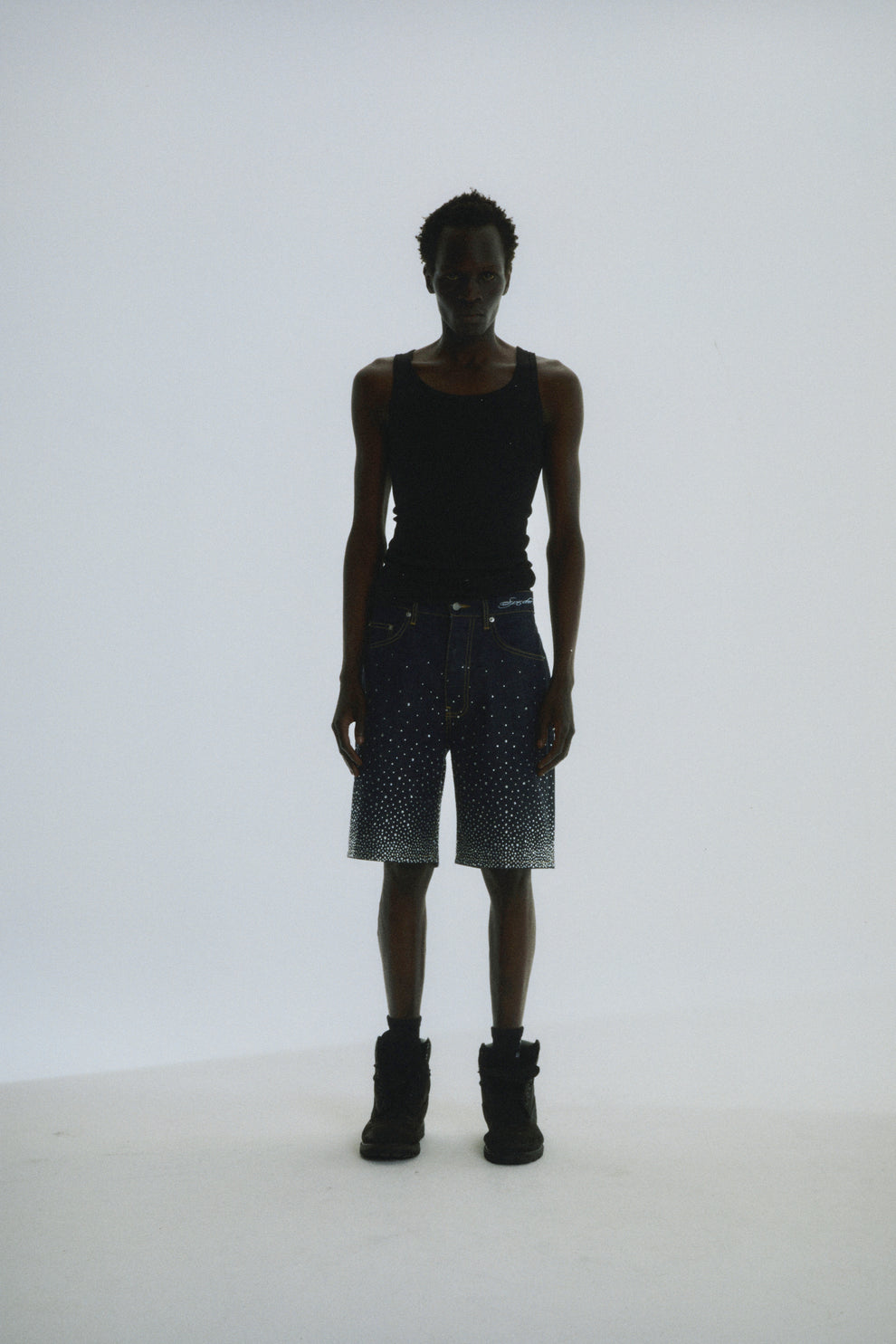 INDIGO STAR DUST DENIM SHORT ON MODEL