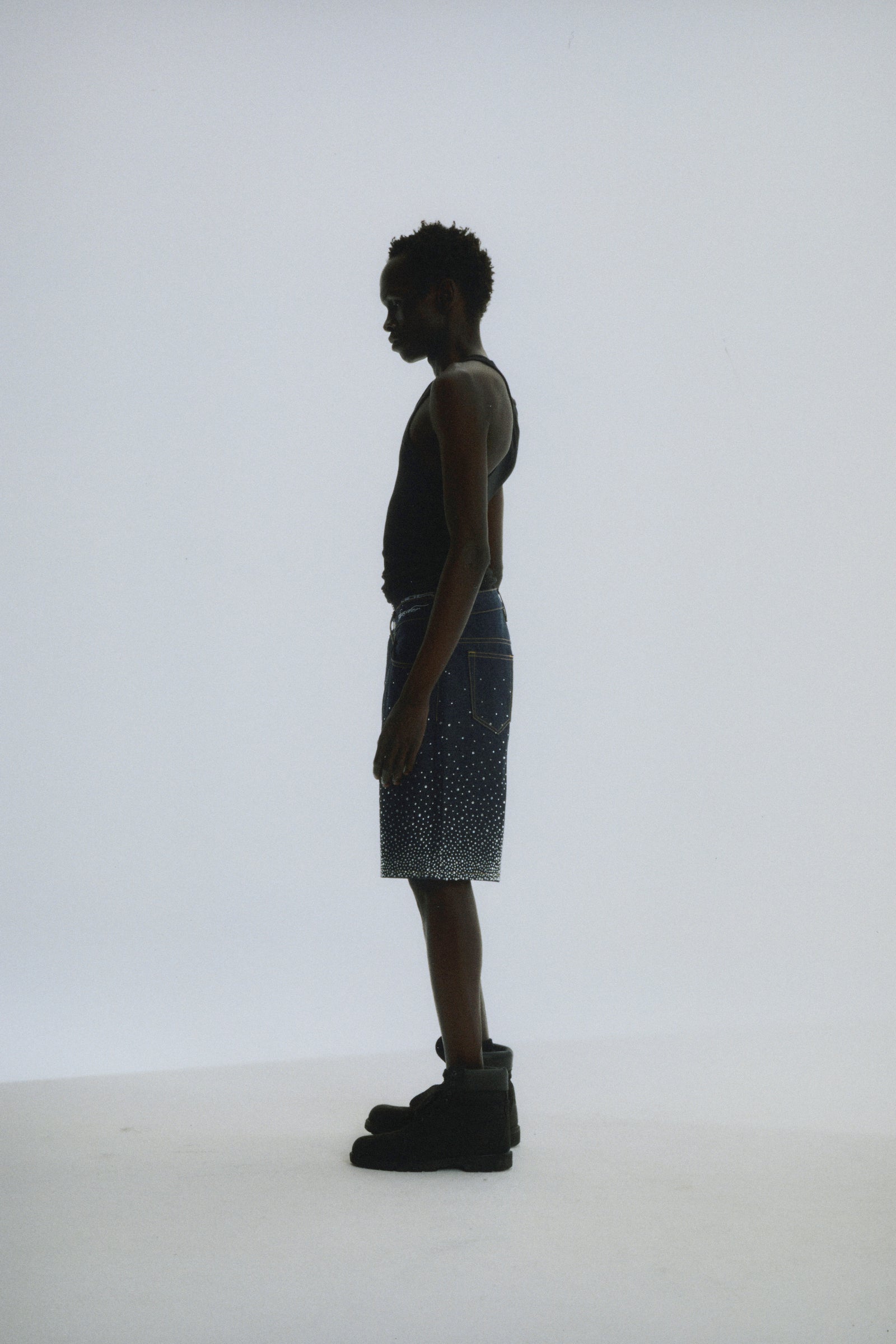 INDIGO STAR DUST DENIM SHORT ON MODEL