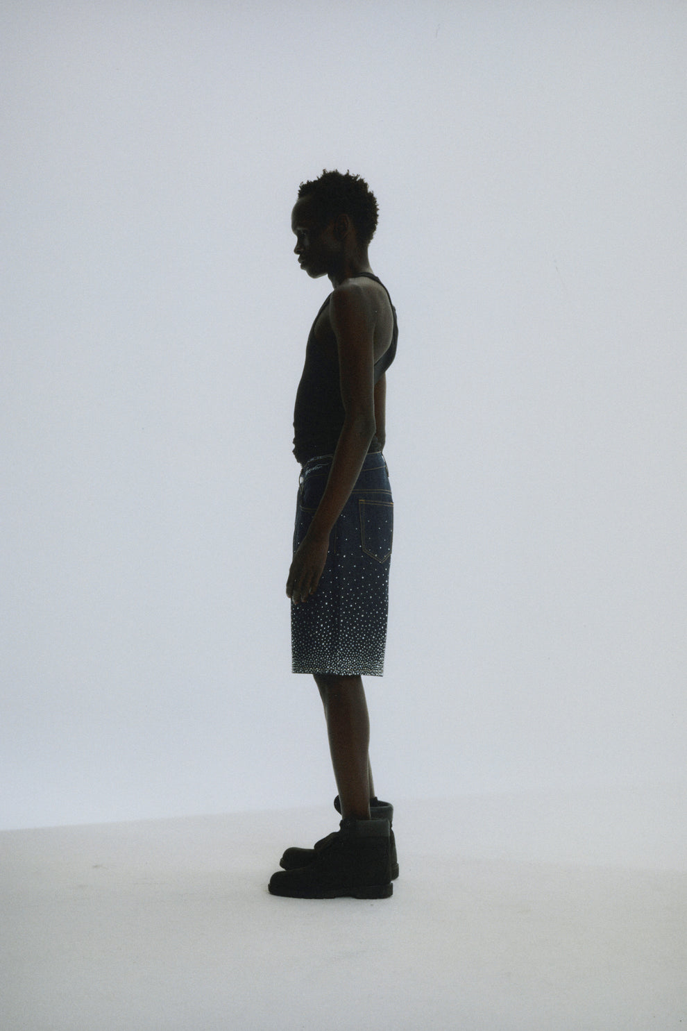INDIGO STAR DUST DENIM SHORT ON MODEL