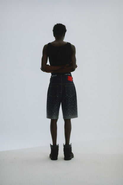 INDIGO STAR DUST DENIM SHORT ON MODEL