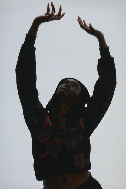 BLACK BELUGA OUTLINE HOODIE ON MODEL