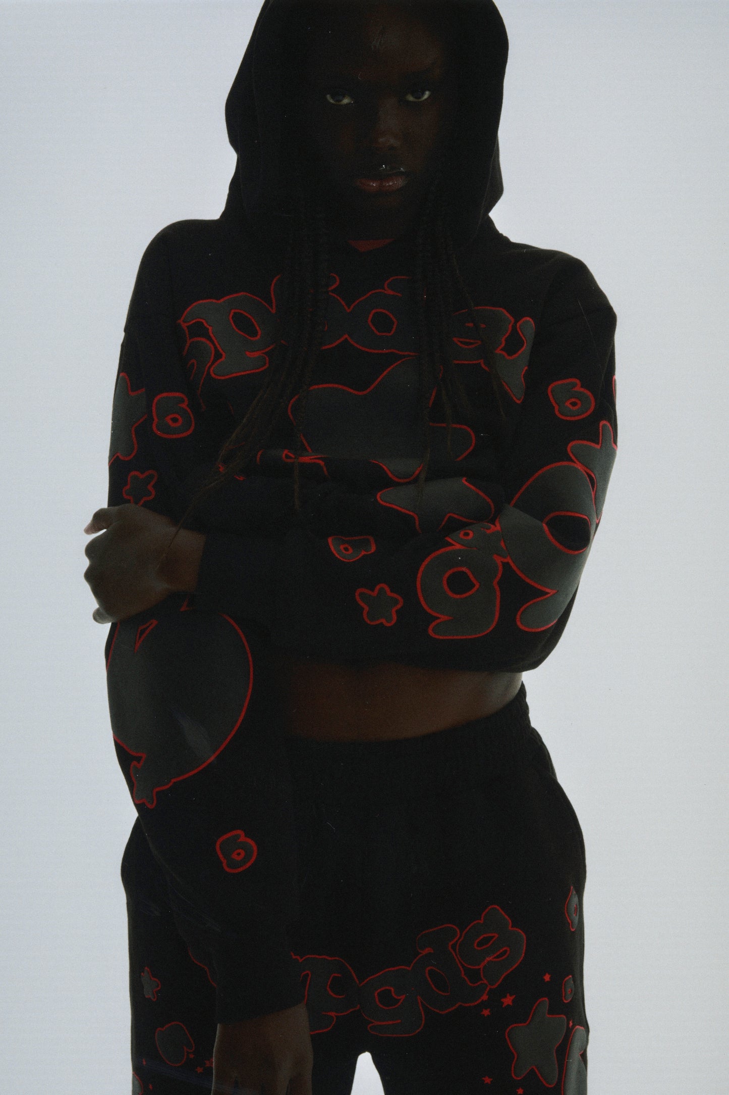 BLACK BELUGA OUTLINE HOODIE ON MODEL