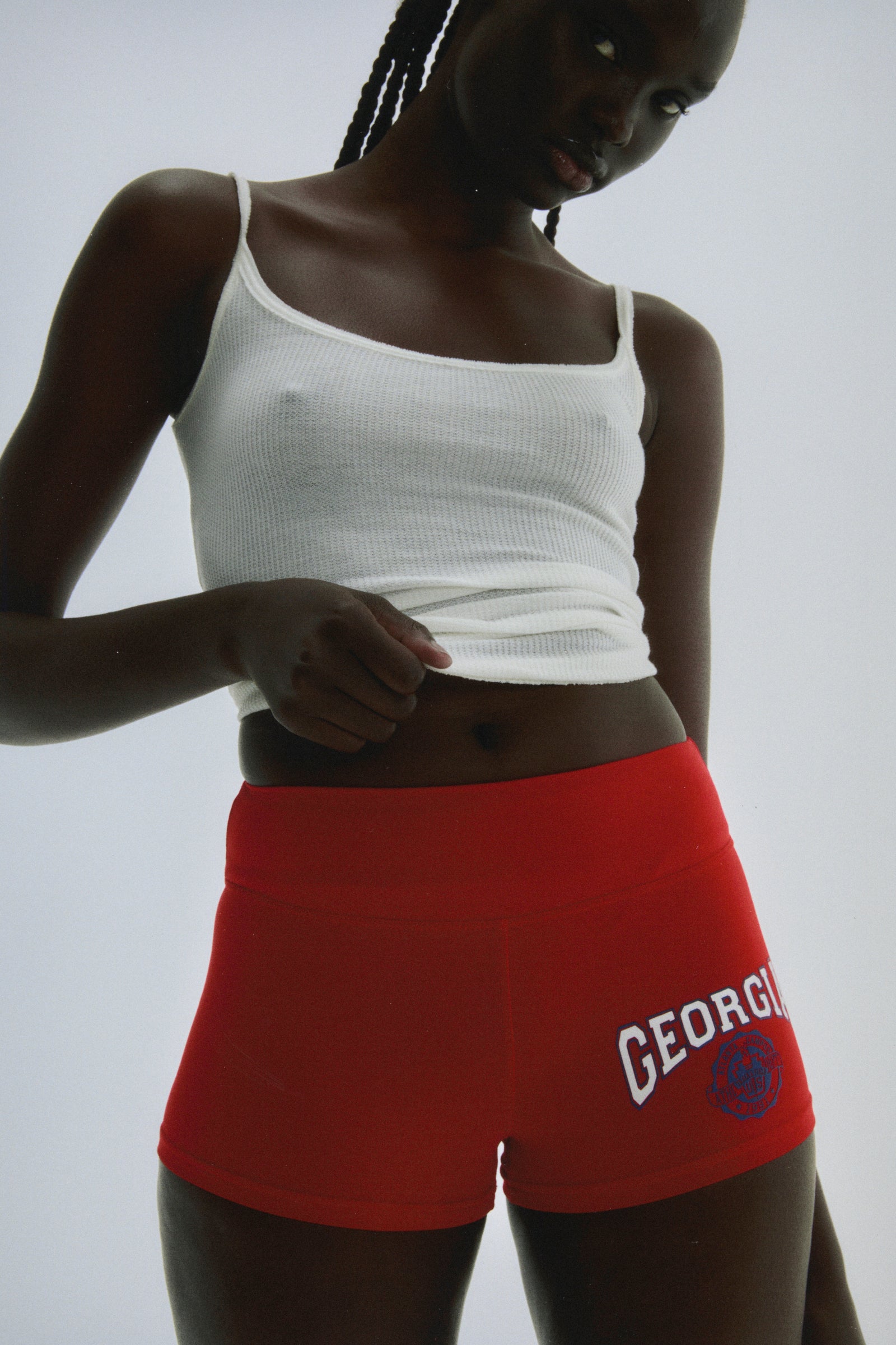 Red stretch cotton jersey tiny shorts with "GEORGIA" collegiate graphic.