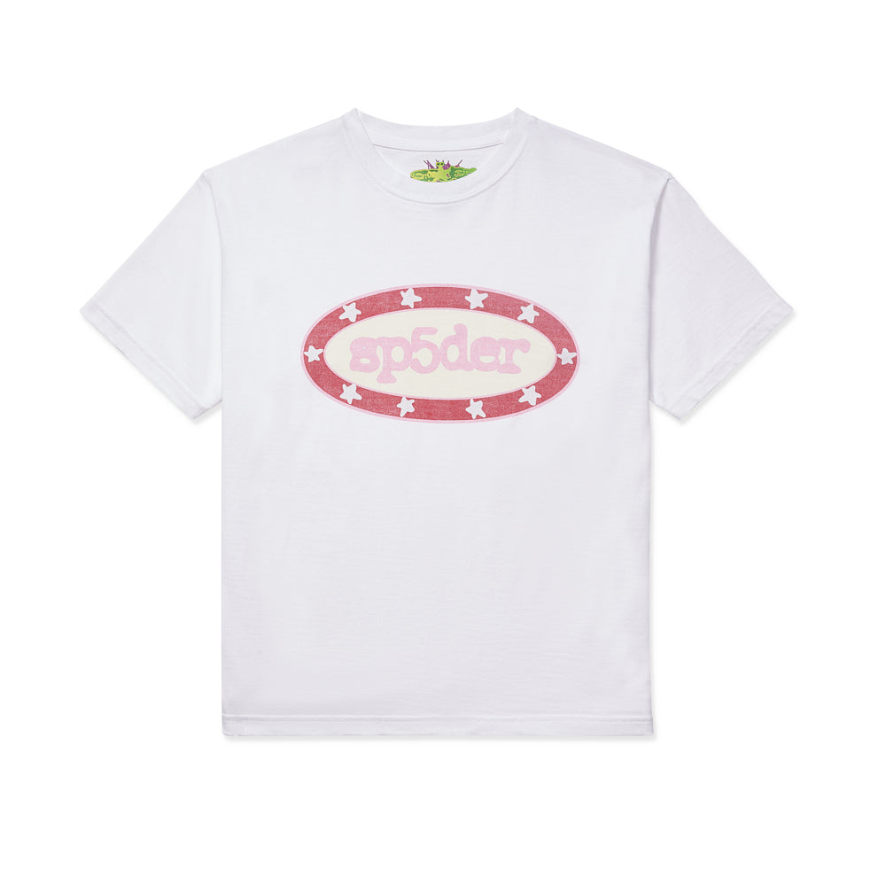 White cotton SP5DER BUCKLE tee with pink oval graphic, red star border, and green neck tag.