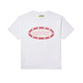 White cotton SP5DER BUCKLE tee with pink oval graphic, red star border, and green neck tag.