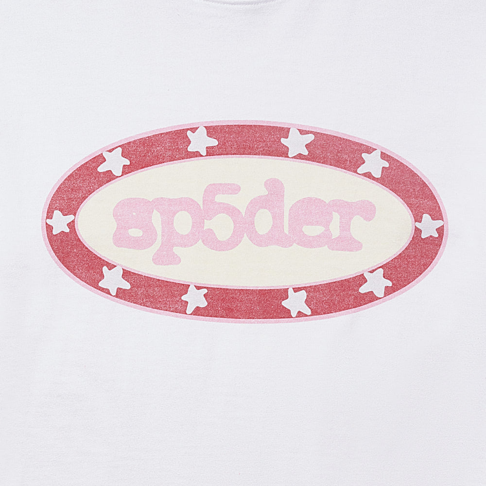 White 100% cotton SP5DER BUCKLE tee with a red oval graphic featuring "sp5der" in pink and white stars.