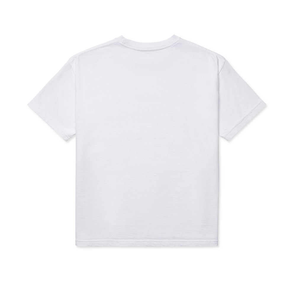 Back of a plain white 100% cotton standard fit t-shirt with short sleeves.