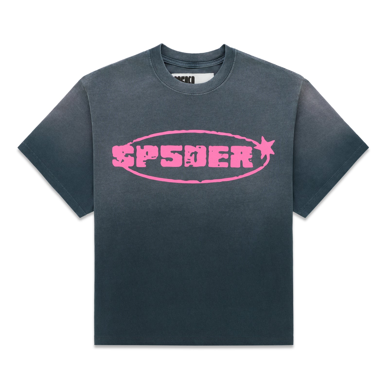 Faded black cotton FORM 5 TEE with bold pink "SP5DER" graphic print on front.