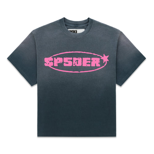 Faded black cotton FORM 5 TEE with bold pink "SP5DER" graphic print on front.