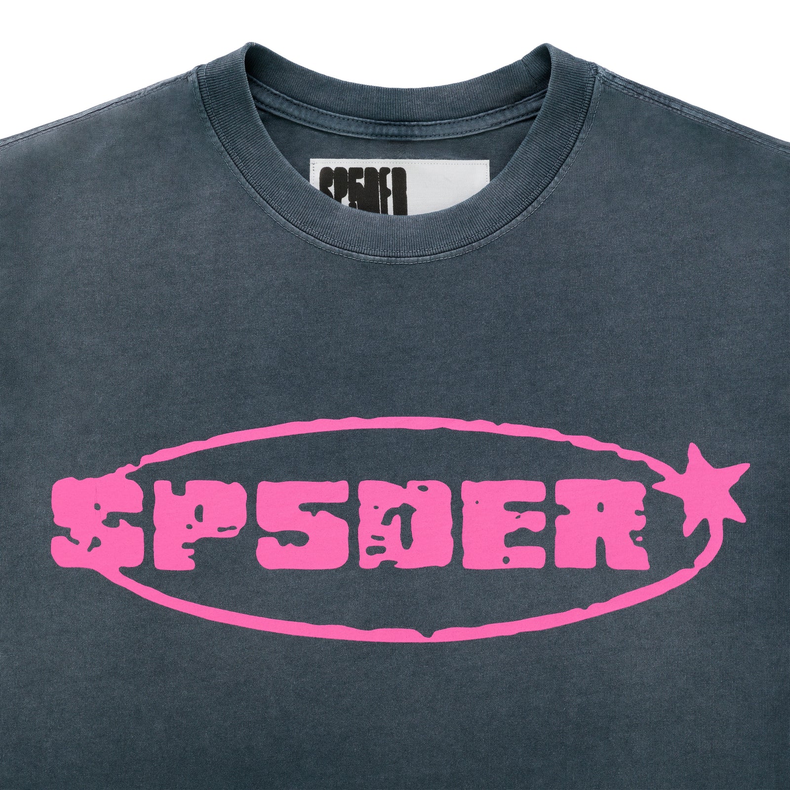 Faded black cotton FORM 5 TEE with bold pink "SP5DER" graphic print.
