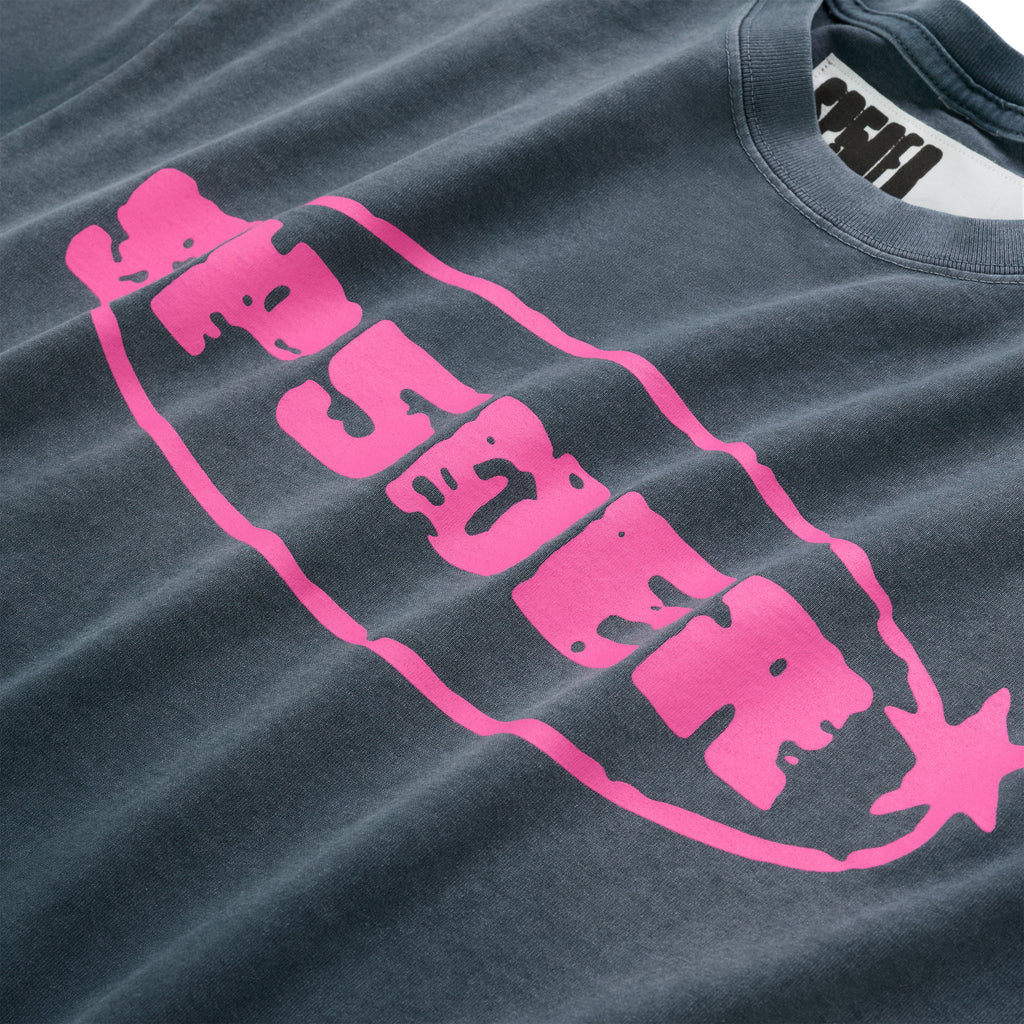 Faded black cotton tee with a large, vibrant pink graphic print on the front.