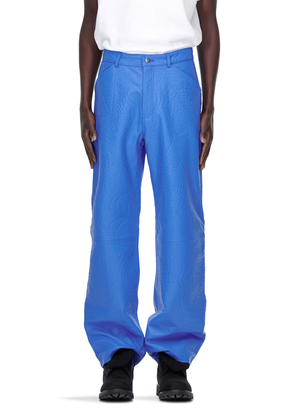 Blue cowskin leather pants with debossed web design, four-pocket styling, and button fly.