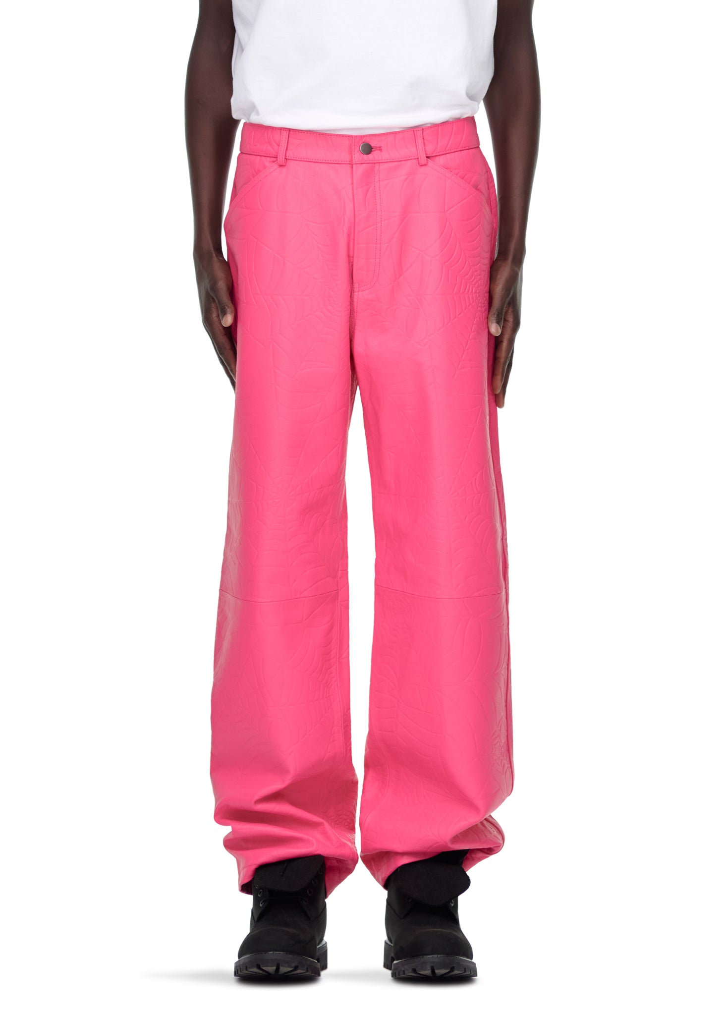 Pink debossed web cowskin leather pants with button fly, belt loops, and four-pocket styling.
