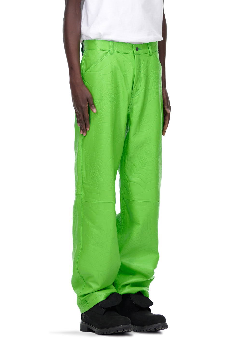 Lime green debossed web leather pants with four pockets, button fly, and belt loops.