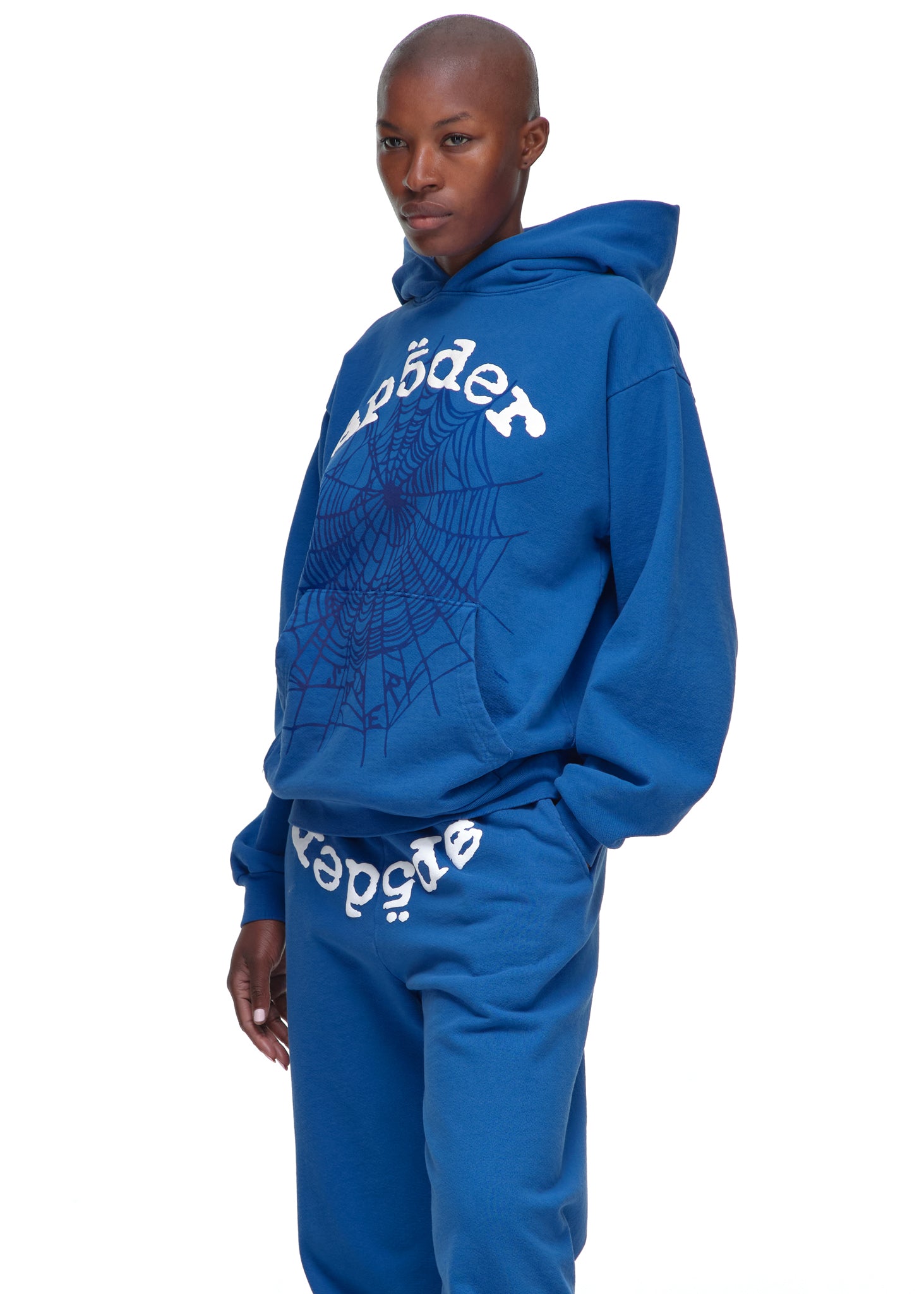 Blue LEGACY HOODIE and sweatpants with white OG SP5DER V2 text and web puff/discharge print.