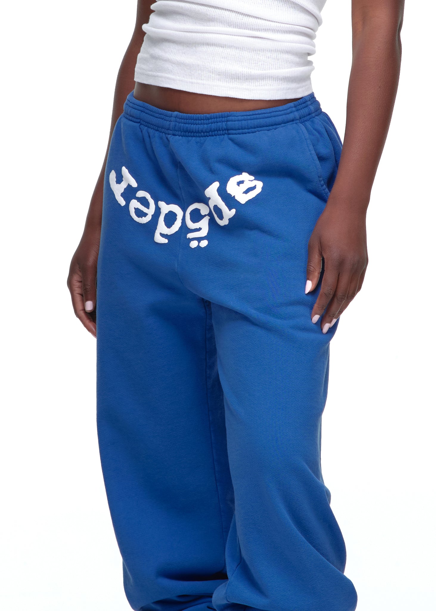 Blue LEGACY SWEATPANT, 23oz fleece, with white puff print "Sp5der" text on the left thigh.
