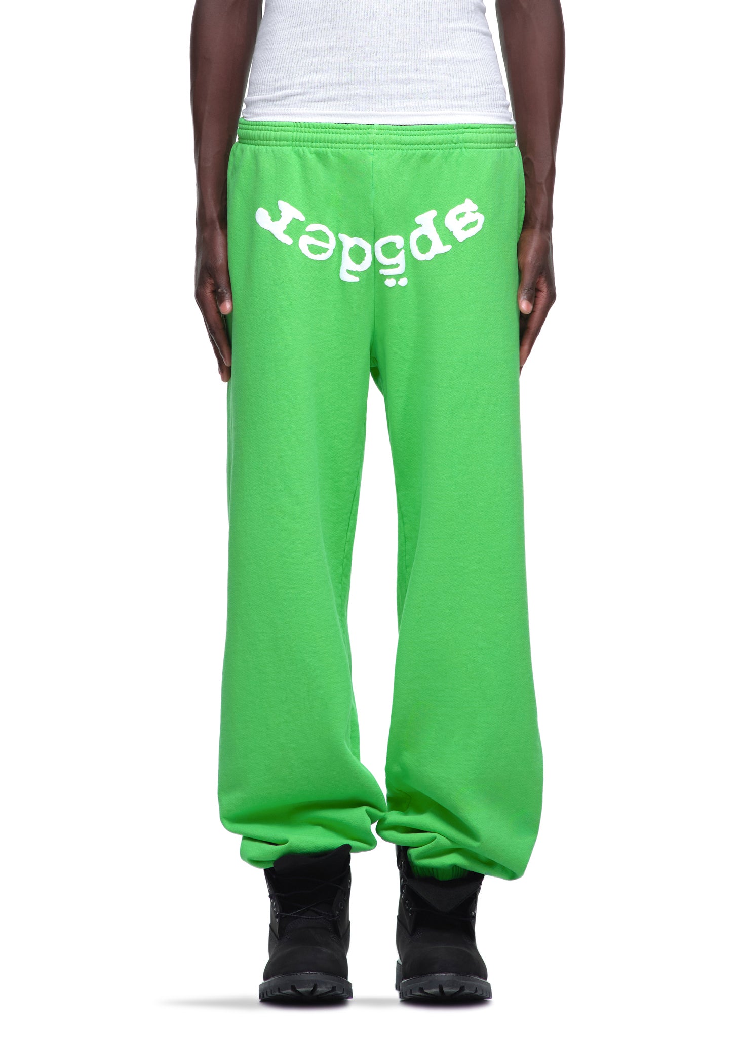 Green LEGACY SWEATPANT with white "Sp5der" puff print on the waistband.