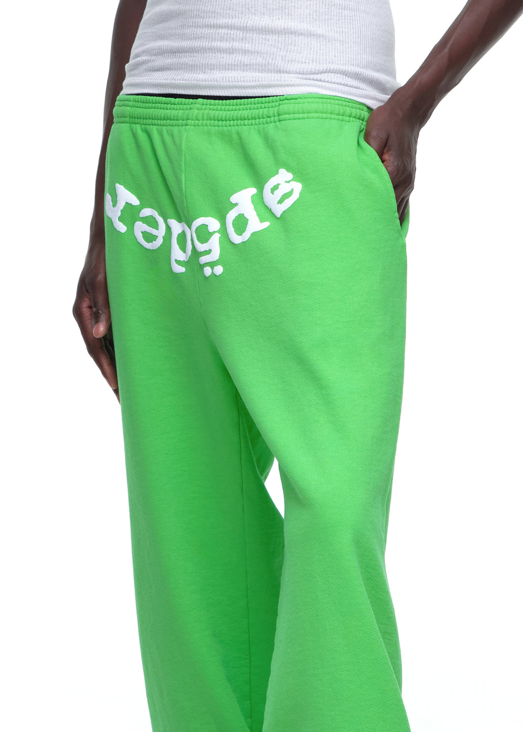 Lime green LEGACY SWEATPANT made from 23oz USA-milled fleece with white puff/discharge print.