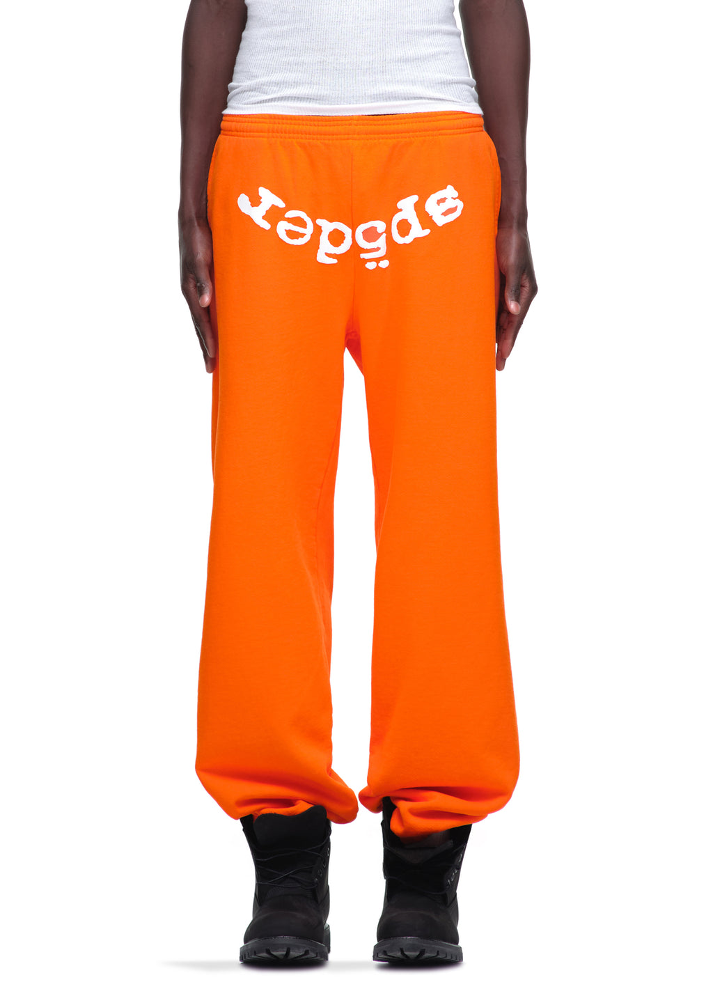 Orange LEGACY SWEATPANT with white puff/discharge print "sp5der" text, made from 23oz USA-milled fleece.