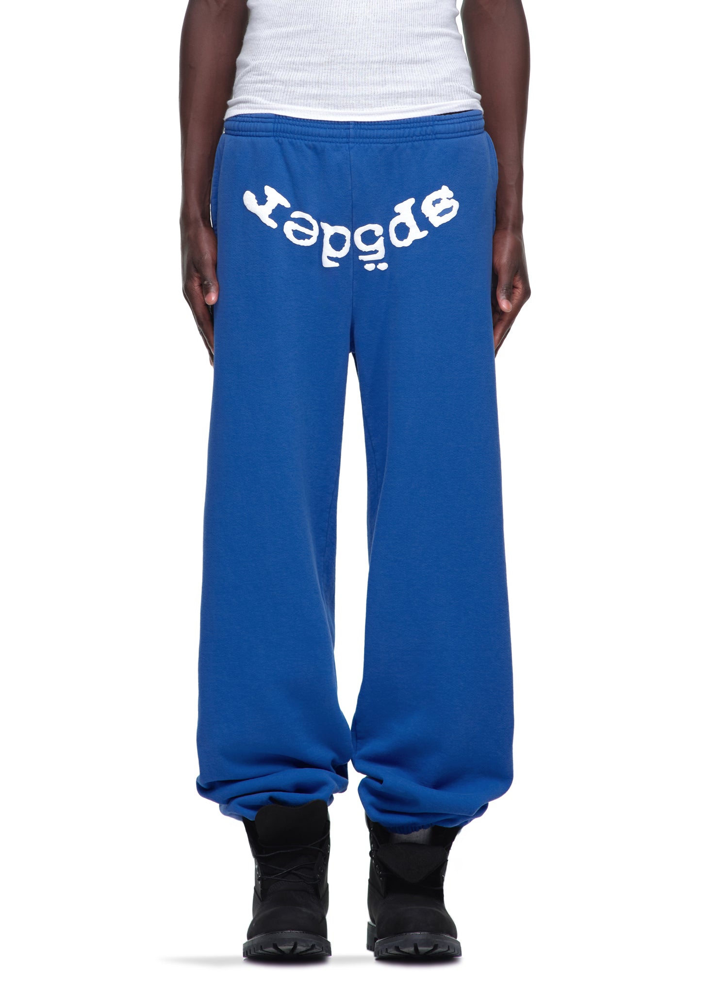 Blue LEGACY SWEATPANT, 23oz fleece, with white puff print "SP5DER" text across the waist.