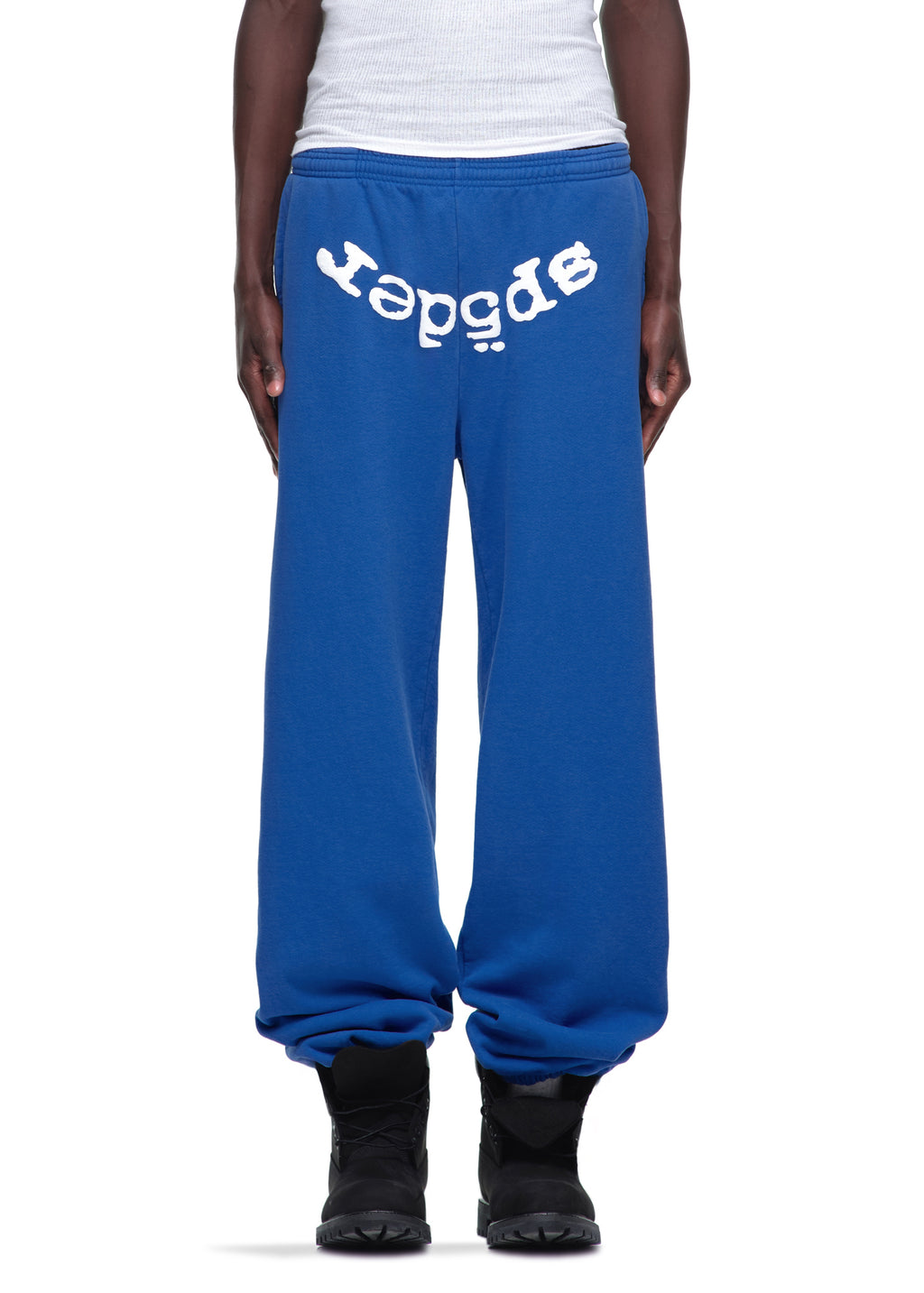 Blue LEGACY SWEATPANT, 23oz fleece, with white puff print "SP5DER" text across the waist.
