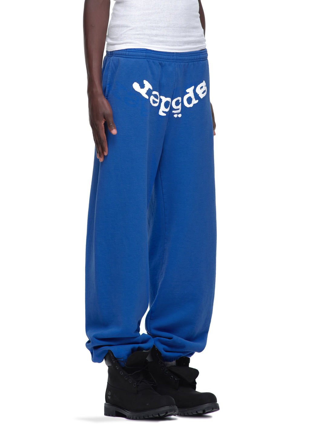 Blue LEGACY SWEATPANT, 23oz fleece, with white puff print "sp5der" text on the front.