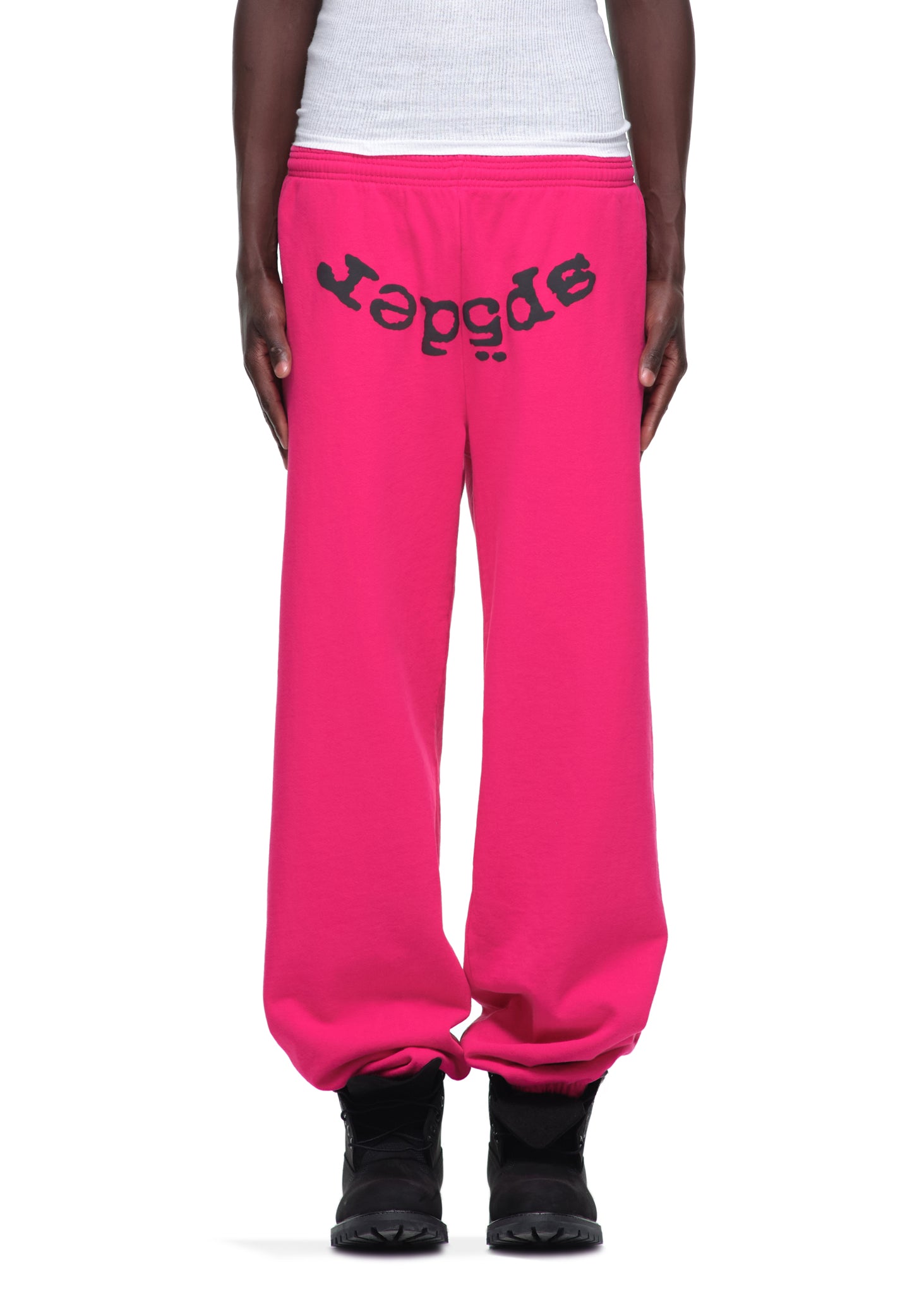 LEGACY SWEATPANT: Hot pink 23oz fleece sweatpants with black puff print "Sp5der" text.