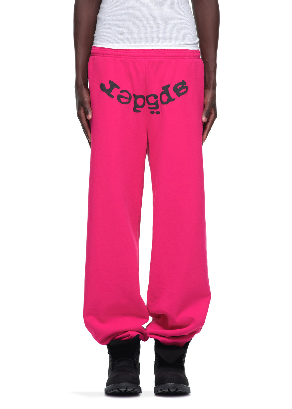 LEGACY SWEATPANT: Hot pink 23oz fleece sweatpants with black puff print "Sp5der" text.