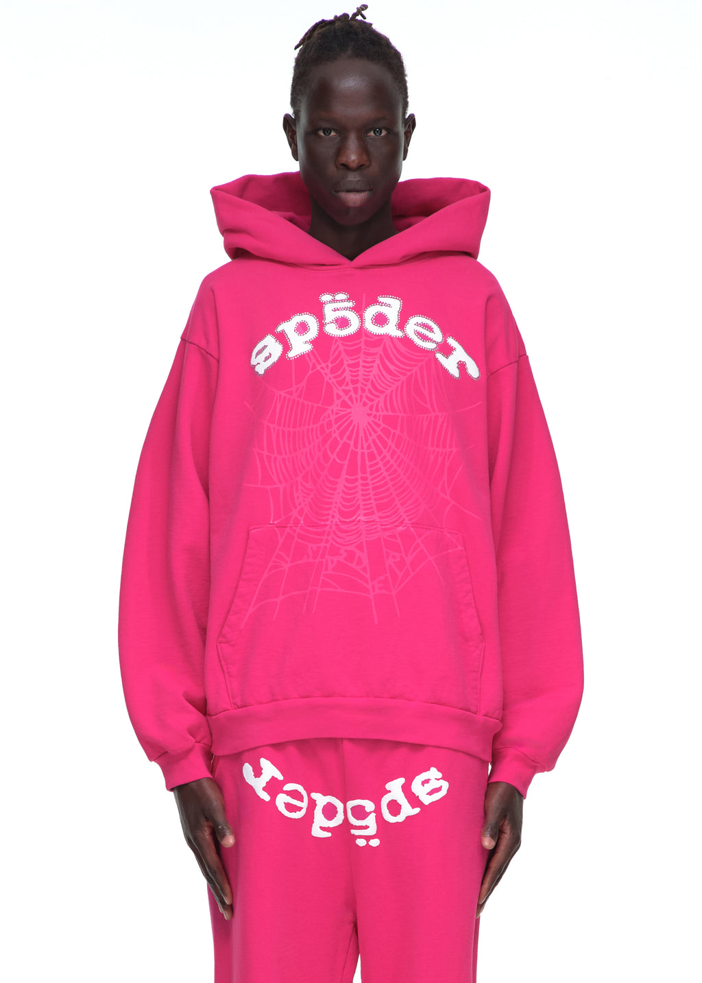 Pink LEGACY HOODIE with white rhinestone "sp5der" text and web print, paired with matching sweatpants.