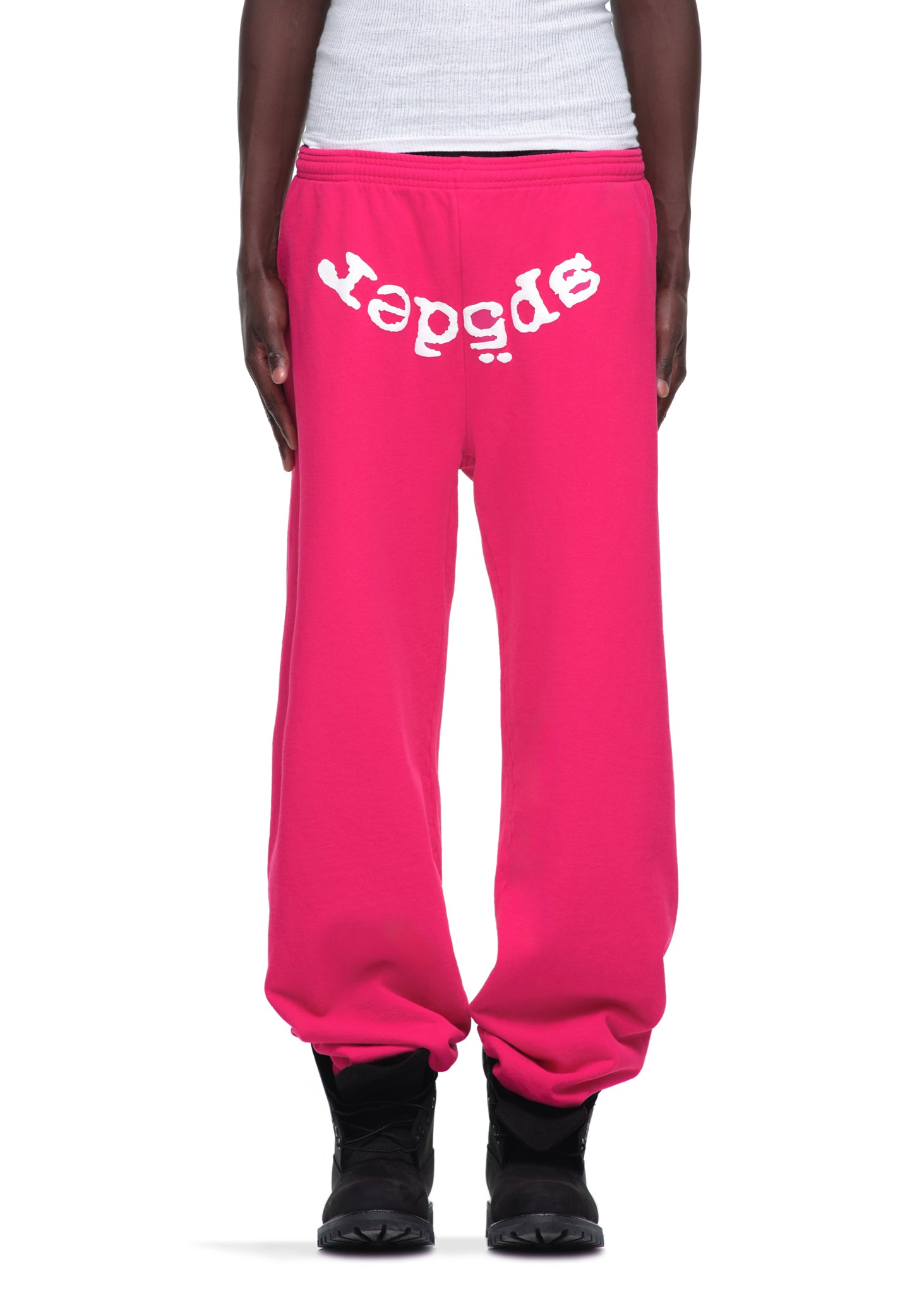 Pink 23oz fleece Legacy Sweatpants with white puff print "SP5DER" text across the front.