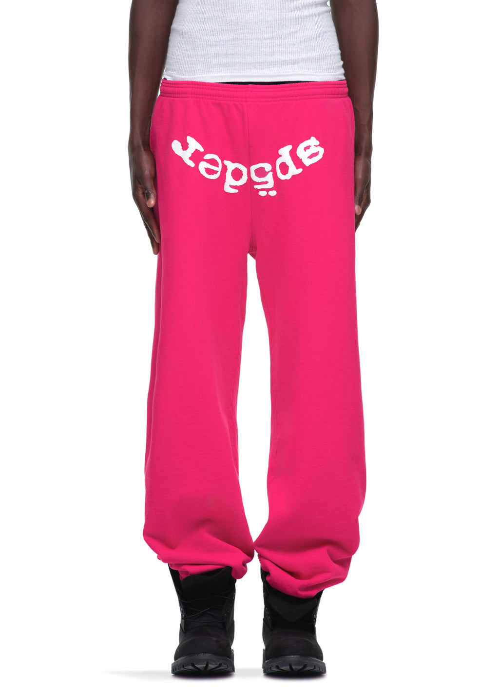 Pink 23oz fleece Legacy Sweatpants with white puff print "SP5DER" text across the front.