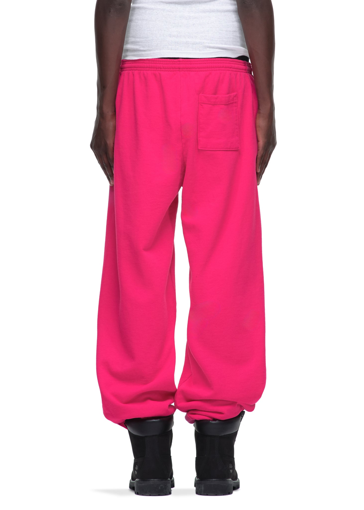LEGACY SWEATPANT in vibrant pink 23oz fleece, featuring a back pocket and elastic cuffs.